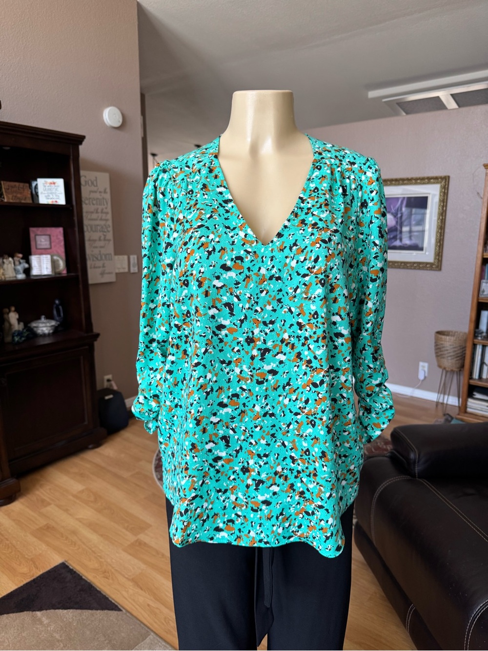 Joie green V-neck blouse with multicolored speckles-size L